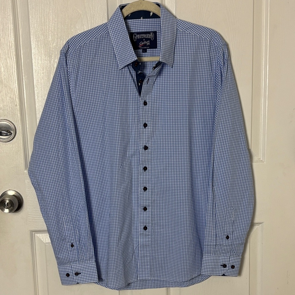 Grateful Dead x Section 119 Blue Checkered Button Down Shirt Large Lightning